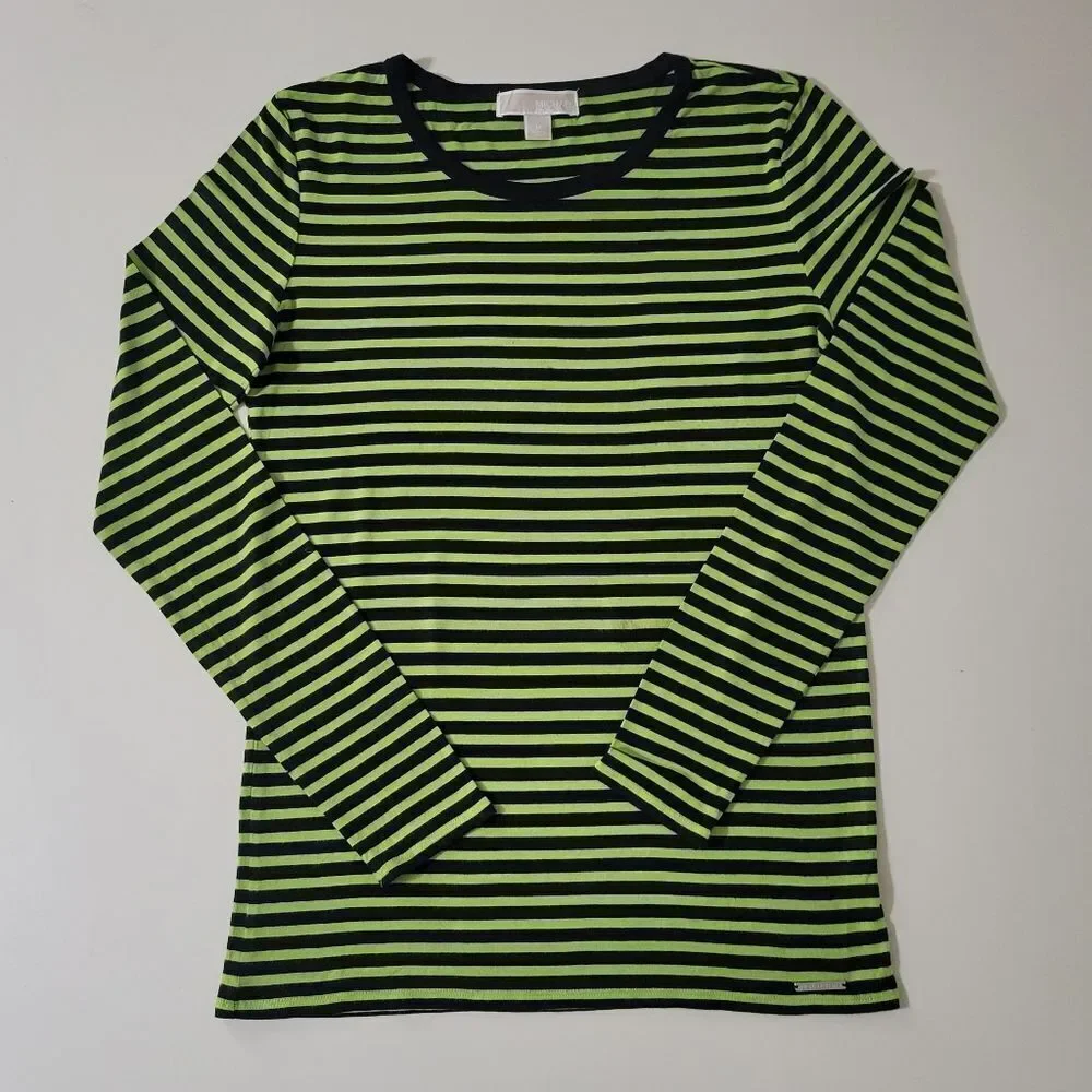Michael Kors Women's Black Green Crew Striped Long Sleeve Shirt